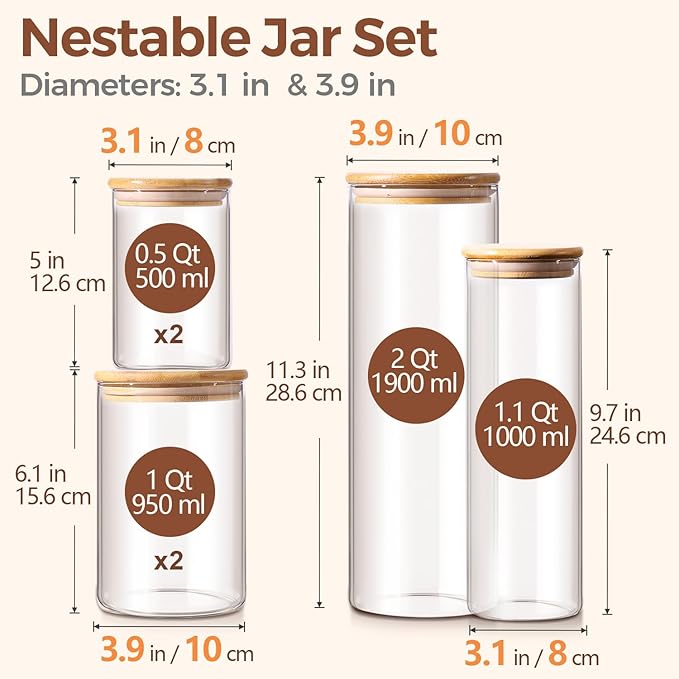 ComSaf Glass Food Storage Jars Set of 6, Clear Glass Storage Containers with Lids, Canisters Sets for the kitchen, Spaghetti, Pasta, Flour, Nuts, Oat, Coffee and Sugar Container, Pantry Organization
