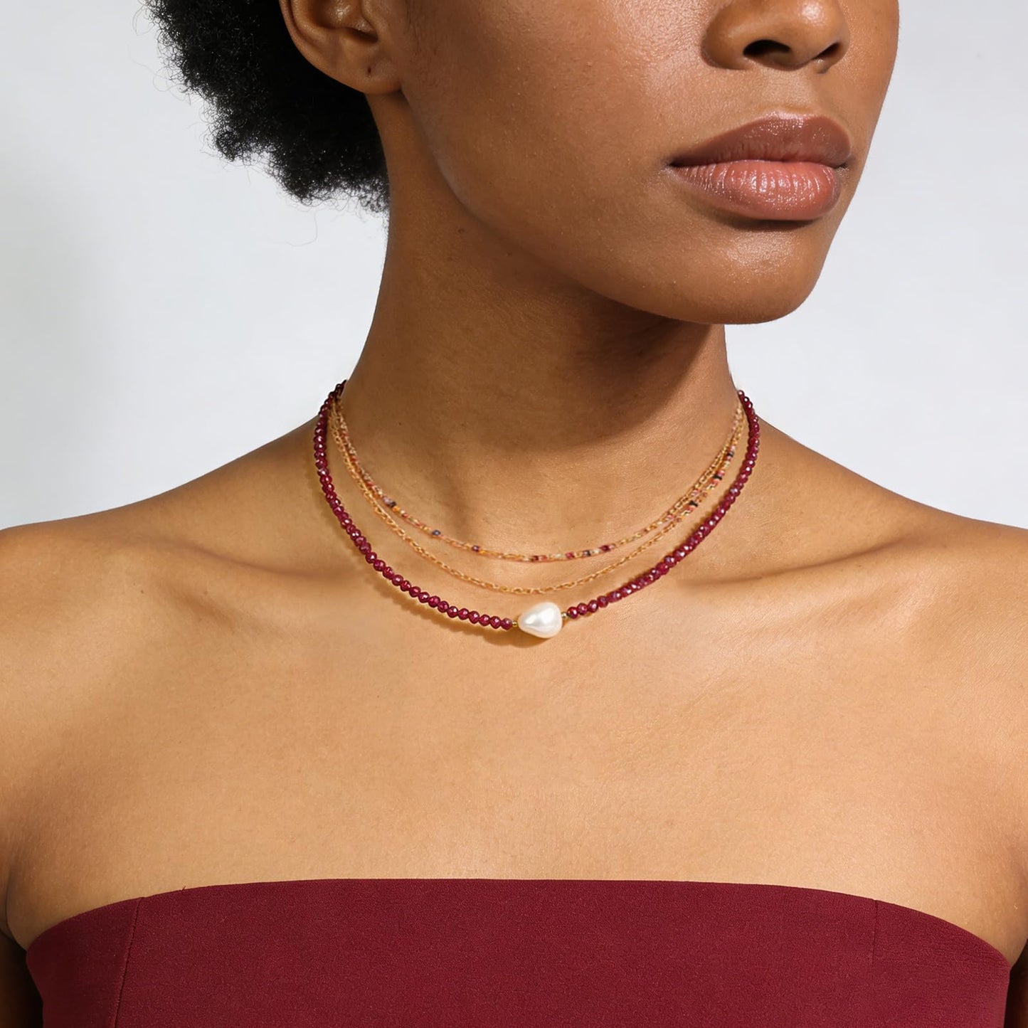 GEMTAL Pearl Necklaces for Women Dainty Single Pearl Necklace Natural Freshwater Pearl Choker Garnet Beaded Necklaces Adjustable Chain Red Bead Necklace Valentines Jewelry Gift