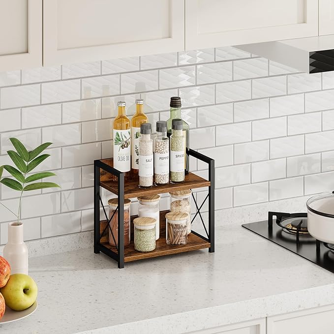 Giikin Countertop Shelf Organizer, 2 Tier Kitchen Spice Rack for Countertop, Wood Coffee Counter Shelf Organizer for Home (Brown, S)