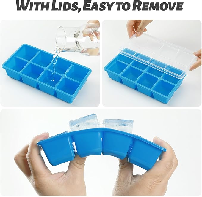 Large Ice Cube Trays with Lid, Jrisbo 2 Pack Stackable Silicone Ice Cube Molds for Freezer, Easy Release 16 Big Square Ice Trays for Whisky Cocktails (Pure Blue)