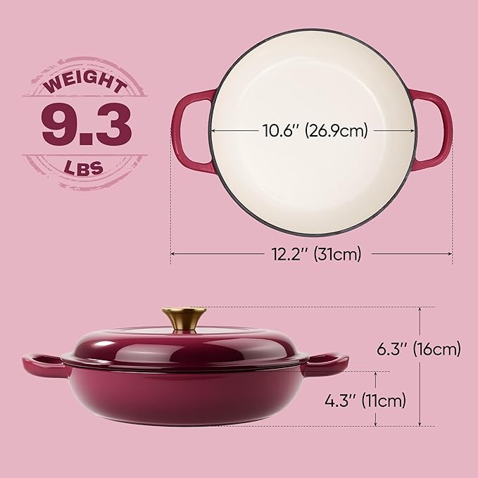 Vintage Style 3 Quart Enameled Cast Iron Braiser, Non Stick Enameled Cast Iron Skillet with Lid, Dutch Oven Skillet with lid up to 500°F for Oven, Stove, Grill, Shallow Dutch Oven for Cook, Bake (Rose)