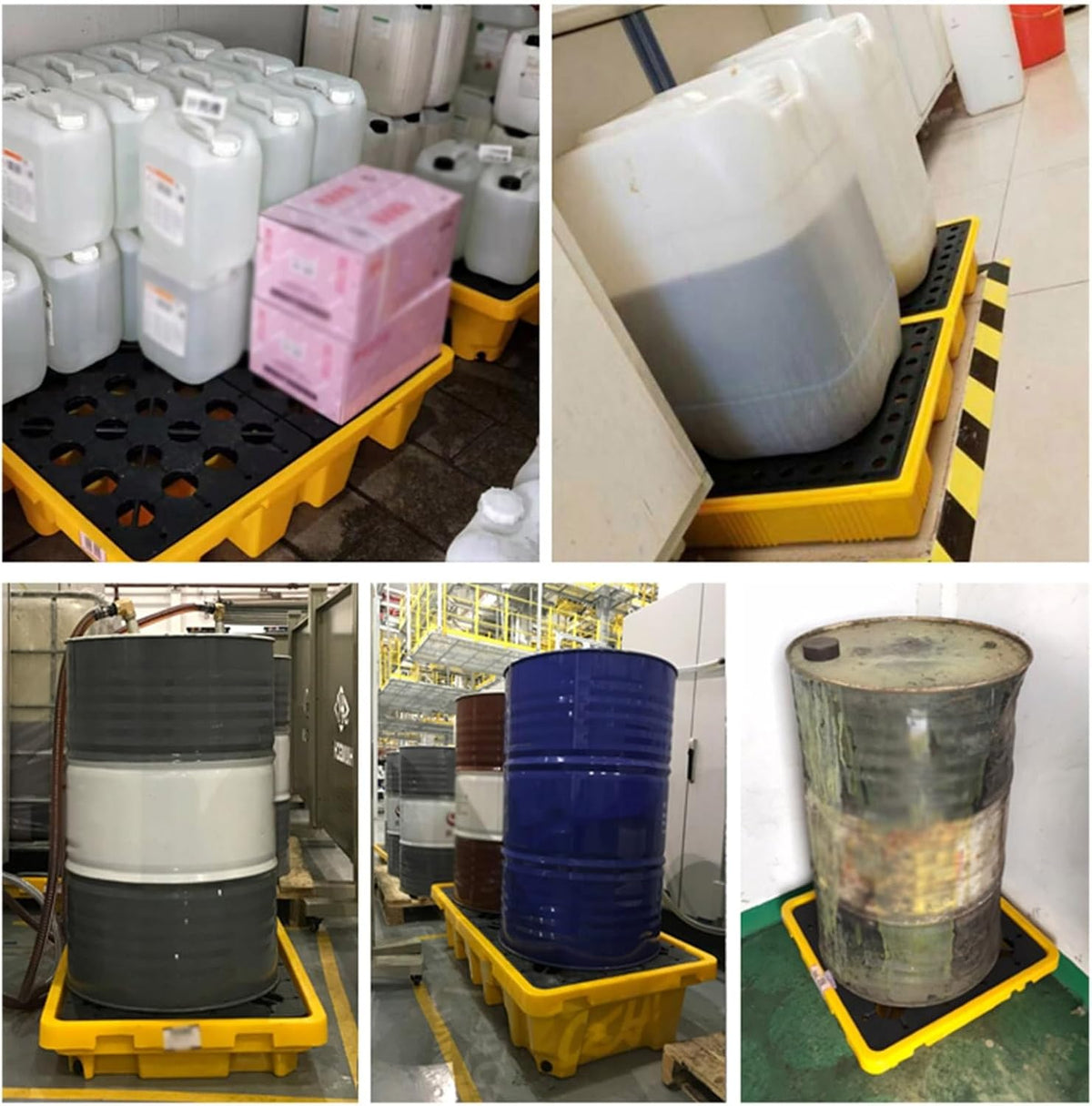 Drum Containment Spill Pallet, Industrial Nestable Oil Drums Leak-Proof Tray, Garage Storage Detachable Anti Slip Polyethylene Platform with Drain (Color : Yellow-5 Pack, Size : 26.4"x26.4"x