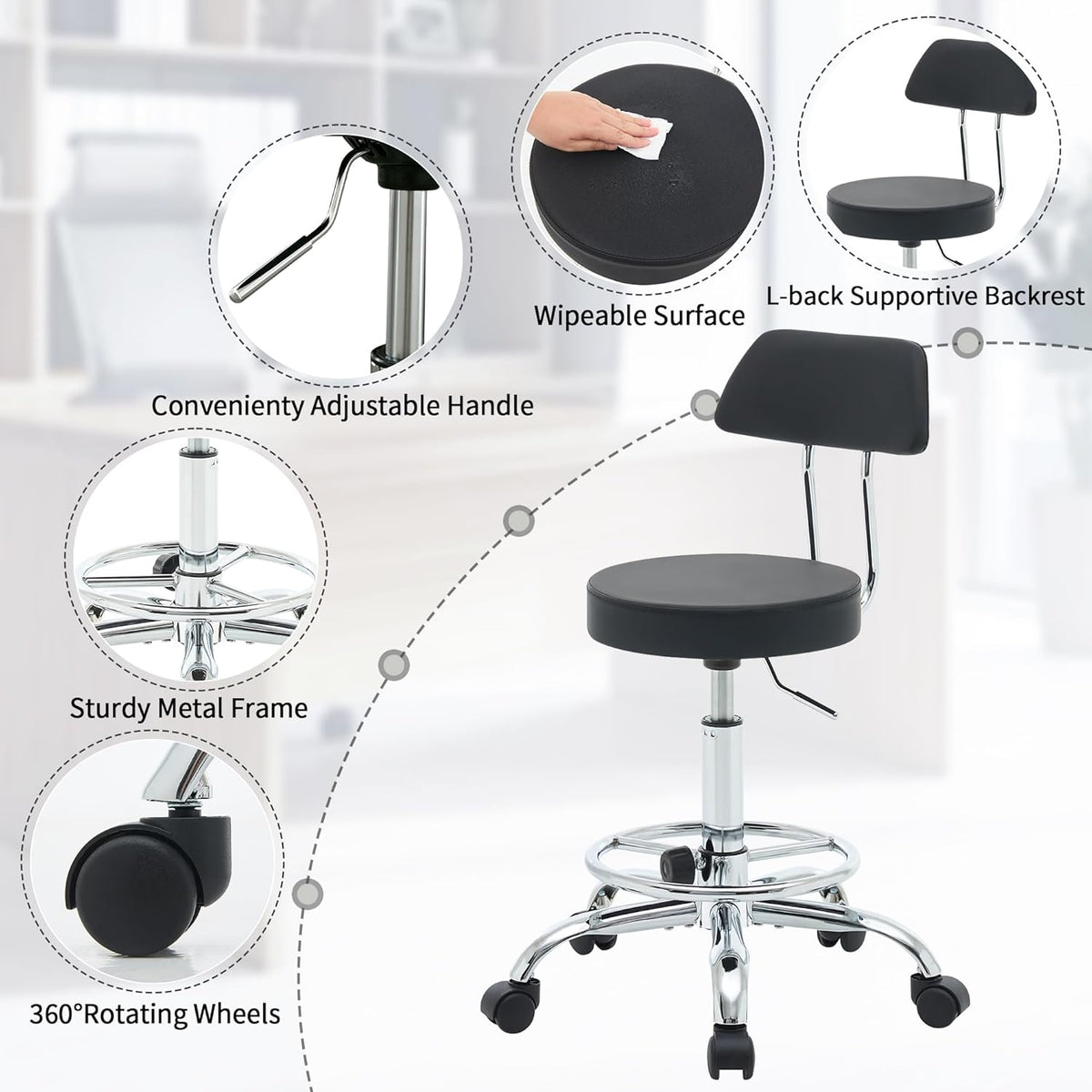 Office Chair with Back (Adjustable Height Posture Stool 19.5’’-26.6’’)(Drafting Chair on Wheels) Work Stool with Footrest (Black)
