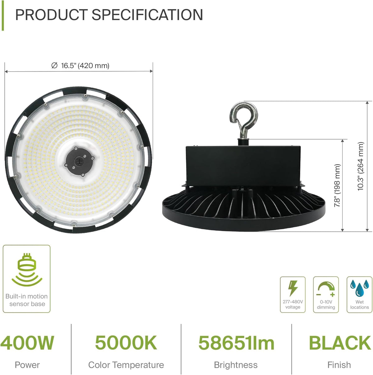 ASD LED High Bay UFO Light Fixture, Commercial Shop Lighting | Dimmable, IP69K Waterproof, DLC Premium, UL Listed | 400W 58600LM 5000K 277-480V | Warehouse, Garage, Workshop, Barn Lamp | Black
