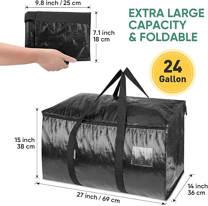 BALEINE 4-Pack Oversized Moving Bags with Reinforced Handles, Heavy-Duty Storage Tote for Clothes, Moving Supplies (Black, 4-Pack)