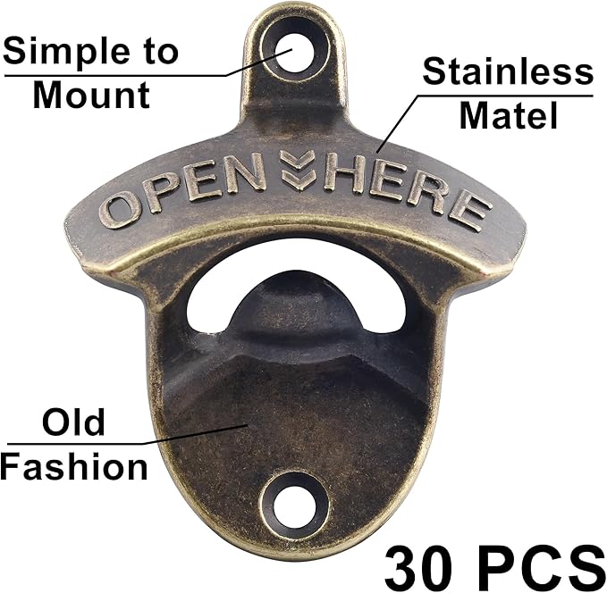 30 PCS Old Fashioned Beer Bottle Opener Wall Mounted Bulk, Antique Bronze Beer Top Opener Post Mounted, Prefect for KTV Hotels Bars DIY
