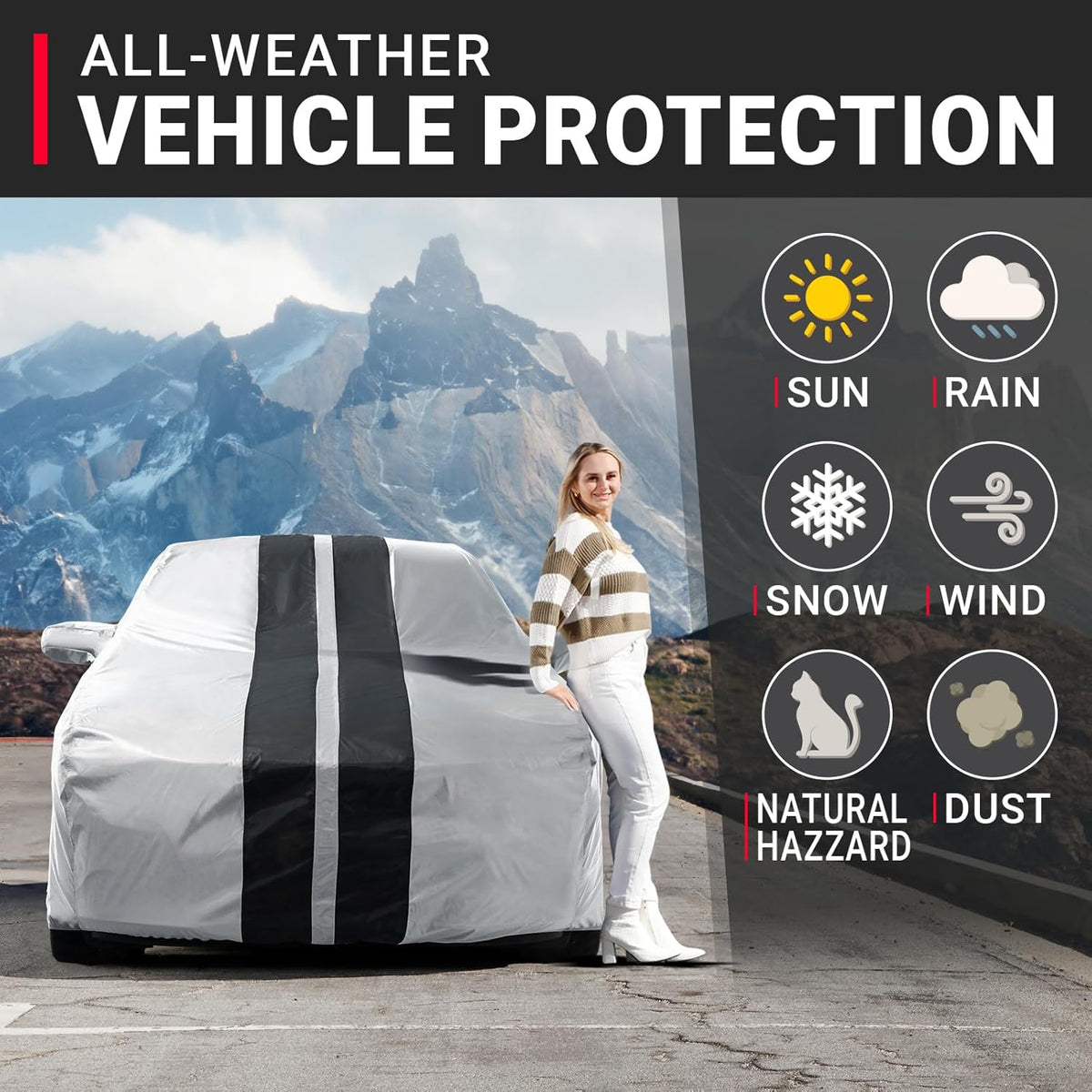 iCarCover Custom Car Cover for Buick Lucerne (2005-2011) Waterproof All-Weather Rain Snow UV Sun Protector Full Exterior Indoor Outdoor Car Cover (Stripe - Gray/Black)
