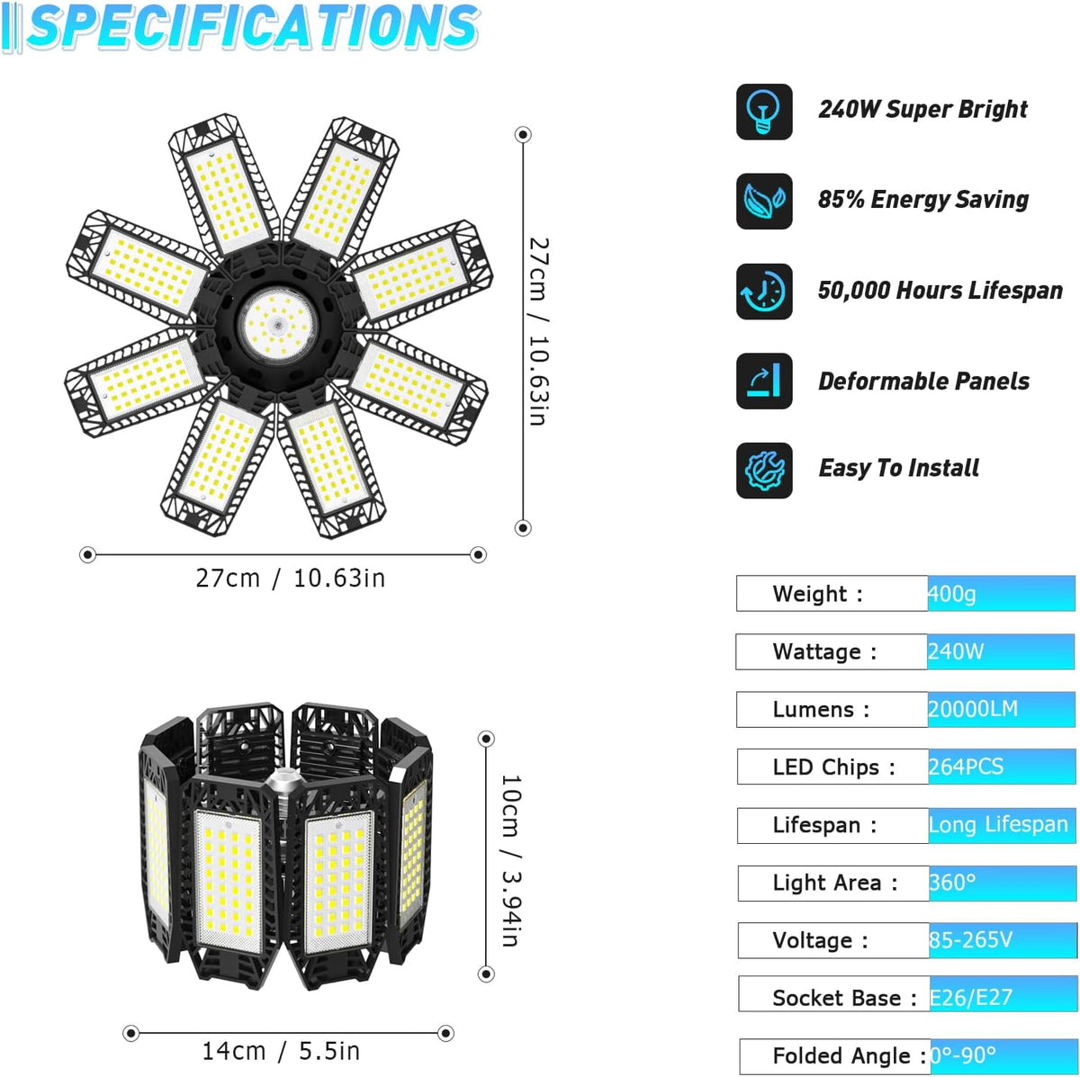 Garage Light 8 Pack - 240W 24000LM 6500K Garage Lights Ceiling LED with 8+1 Deformable Panels, E26/E27 Screw Socket in LED Shop Light for Workshop, Basement, Gym, Barn, Warehouse etc Bay Lighting