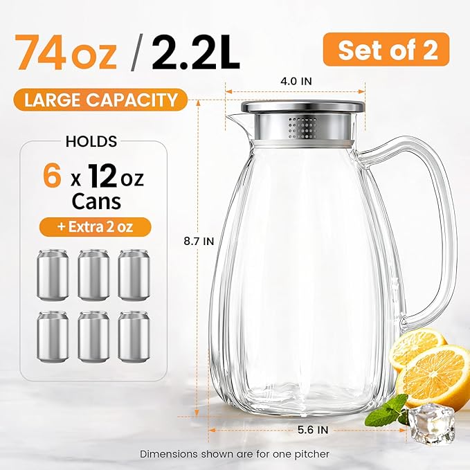 Glass Pitcher with Lid and Handle, 2.2L Borosilicate Glass Water Carafe, Stainless Steel Dual-Filter Lid, Heat Resistant for Hot/Cold Beverages – Iced Tea, Coffee, Juice, Cold Brew, 2 Pack
