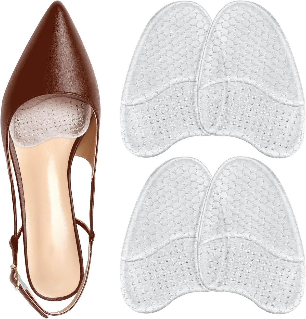 Metatarsal Pads for Women, Ball of Foot Cushions, Heel Inserts, High Heel Comfort Pads (2 Pairs), Anti Slip, Invisible Design