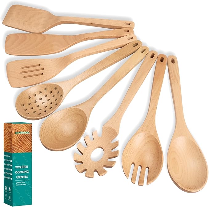 HOWHONG Wooden Spoons for Cooking, Beech Wood Kitchen Utensil Set, Premium Handmade Wooden Cooking Utensils for Nonstick Cookware, Heat Resistant, Smooth Finish, Comfortable Grip, 8 Piece