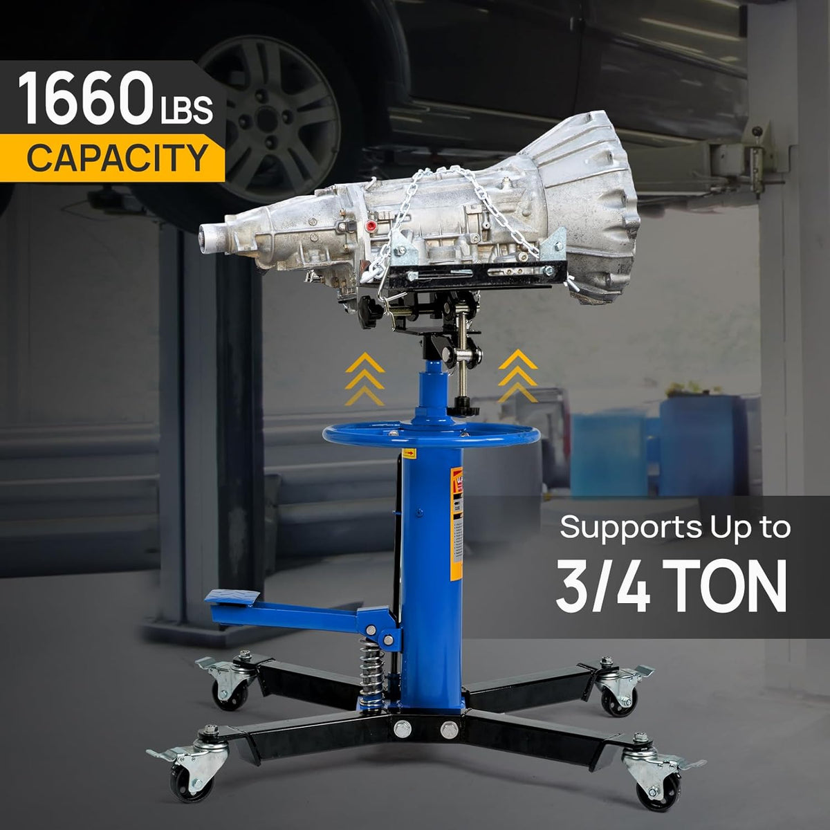 TUFFIOM Transmission Jack, 1660 lbs 3/4-Ton Hydraulic 2-Stage High Lift Vertical Telescoping Floor Jack Stand, 34" to 68" Lifting Range, w/Pedal, 360° Swivel Wheels, Garage/Shop Lift Hoist, Blue