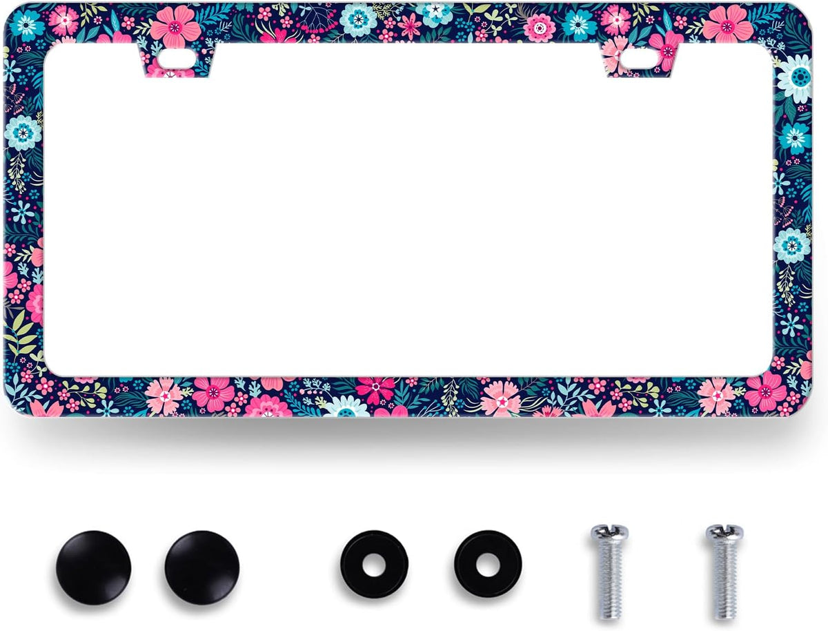 Colorful Flowers License Plate Frame Beautiful Floral Flower License Plate Holder for Women Car Decorative Stainless Steel Cute License Plate Flowers Auto Parts with Screws 12.2"x 6.2"