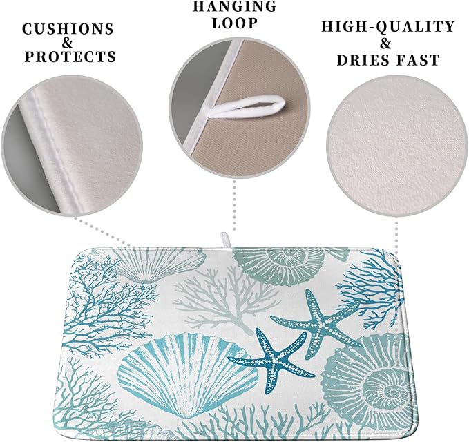 Summer Blue Dish Drying Mat for Kitchen Counter Nautical Coastal Teal Dishes Drainer Mats Beach Coral Seashell Starfish Ocean Absorbent Microfiber Dish Draining Pad 16x18 Inch