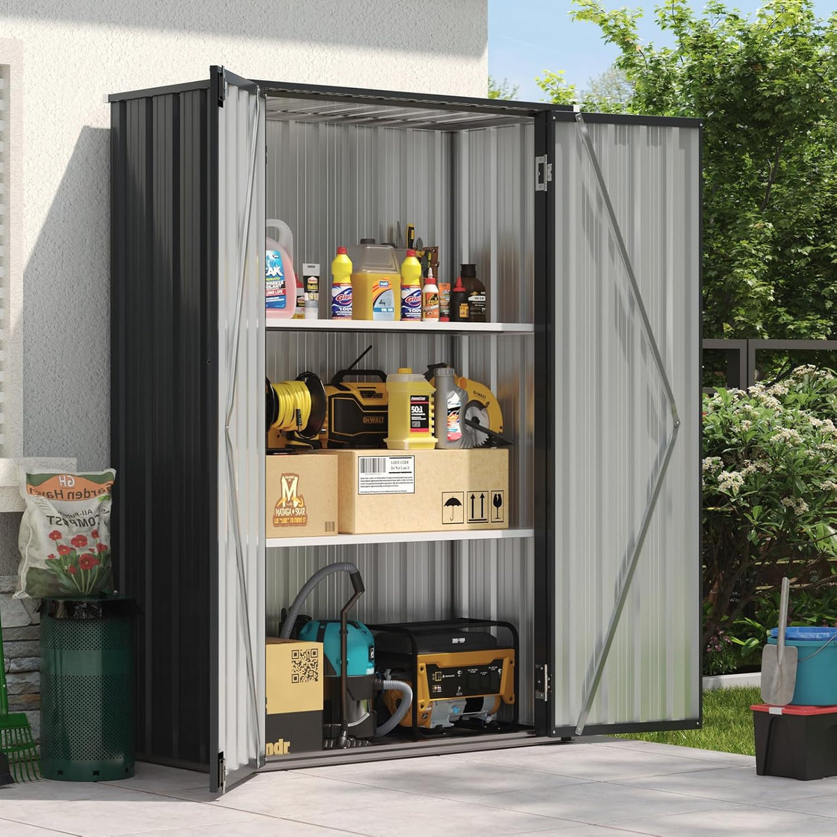 Aoxun 47x19 in Outdoor Storage Cabinet Metal Garden Shed with 2 Adjustable Shelves 3 Layer Indoor& Outdoor Waterproof Vertical Storage Shed for Patio Garden, Garage, Porch (34 Cu.Ft)