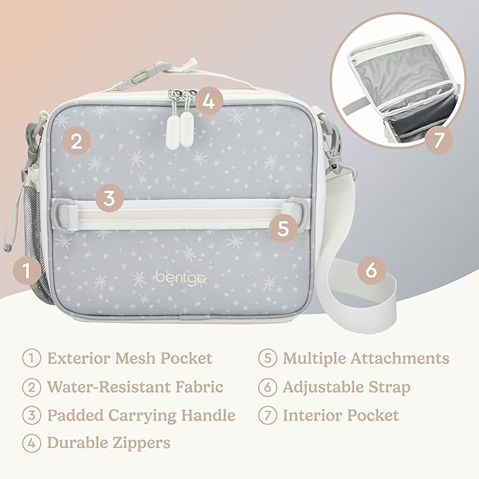 Bentgo Kids Lunch Bag (Whimsy & Wonder Collection) - Durable, Double-Insulated Lunch Bag for Kids 3+; Holds Lunch Box/Water Bottle/Snacks; Water-Resistant Fabric & Zip Pockets (Starry Sprinkle)