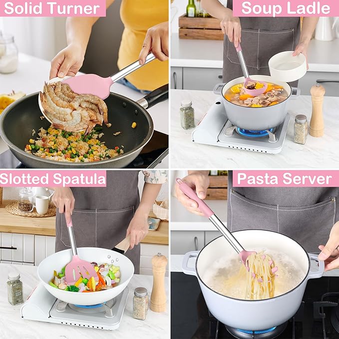 LIANYU 15 Piece Cooking Utensils Set with Stainless Steel Handle, Silicone Kitchen Gadgets with Holder, Heat Resistant Spatula Spoon Turner Tong Whisk Brush Tools for Cooking, Dishwasher Safe, Pink