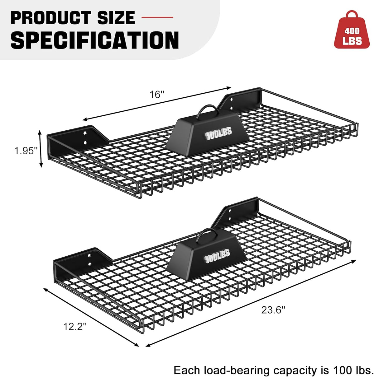 Ultrawall Wall Mounted Storage Shelf for Garage, 4 Pack Metal Shelf Rack, Heavy-Duty Wall Organizer Shelves Suitable for Shop, Shed, Garage 23.5inch x 12inch(Black)