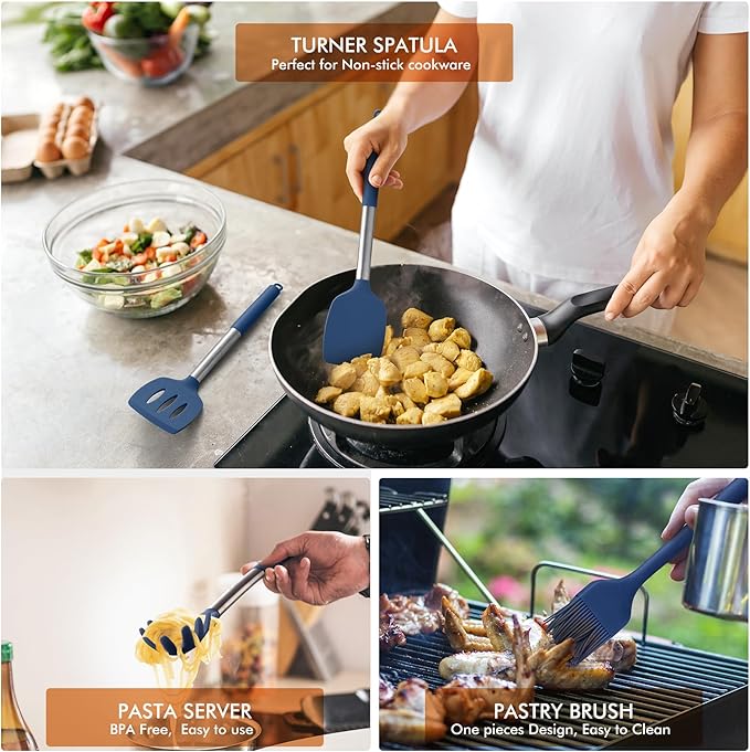 HOTEC 446°F Heat Resistant Silicone Kitchen Utensils, BPA Free Cooking Utensil Set, Spatula Set, Kitchen Gadgets, with Stainless Steel Utensils Holder, Dishwasher Safe, 14pcs Classic Blue