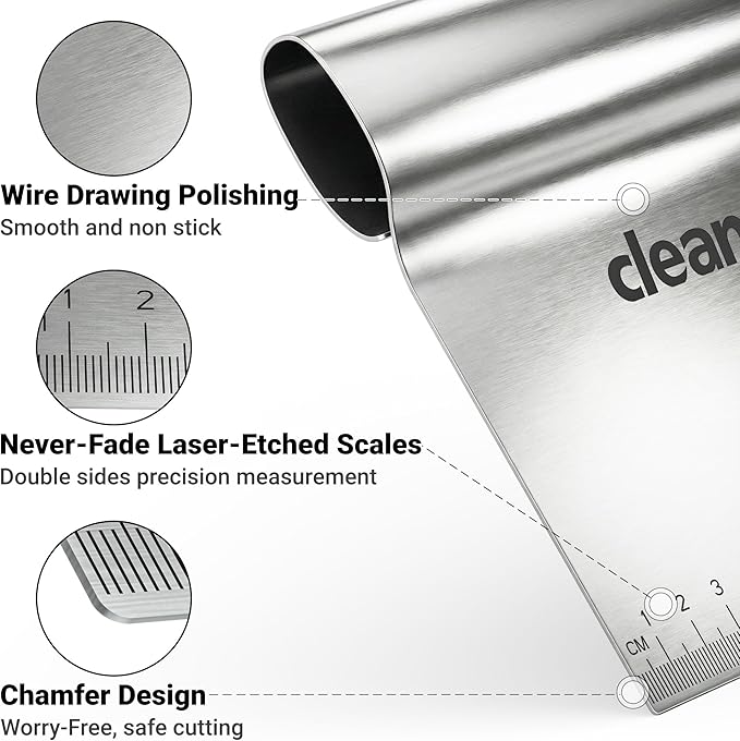 Bench Scraper Kitchen & Dough Scraper Tool - Stainless Steel Multi-Purpose Scraper & Chopper with Laser-Etched Metric Scale - Heavy Duty Pastry Cutter & Griddle Tool for Bread, Pizza & Baking