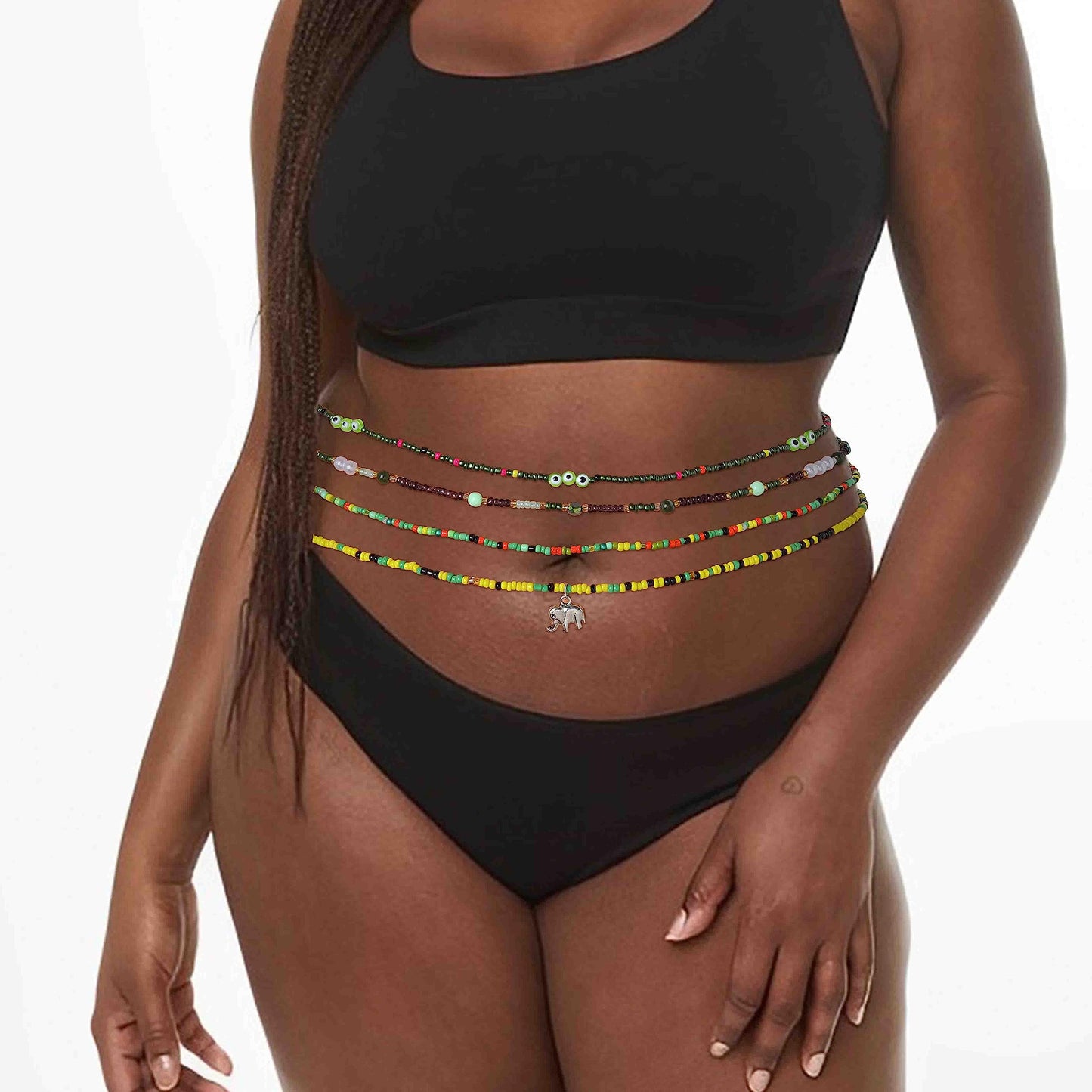 ELABEST 24-39inch African Waist Beads for Women 8Pcs Elastic Belly Beads Colorful Beaded Waist Jewelry Accessories Body Chain (Green, 31.5inch/80cm)