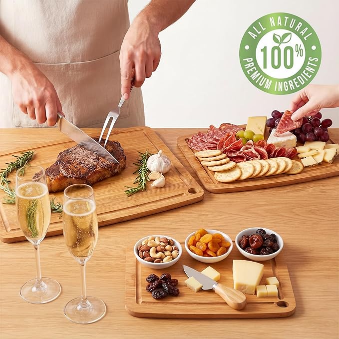 Bamboo Cutting Boards for Kitchen Set of 2, Carbonized Wood Cutting Board Set with Deep Juice Groove for Chopping Meat, Vegetables, Fruits, Nuts, Lightweight & Durable, Ideal Kitchen Gift