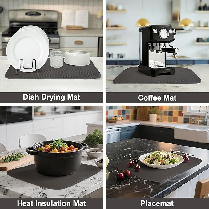 2-Pack Dish Drying Mat 18 x 24 inches – XL Drying Matt Kitchen Counter,Dish Drying Mats for Kitchen Counter, Super Absorbent, Anti-Slip, Fast Drying, Kitchen Must-Have(Dark Gray)
