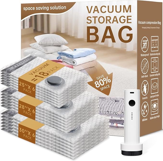 Vacuum Bags for Travel with Wireless Rechargeable Pump, 18 Pack Carry-on Size Compression Packing Seal Bags for Luggage and Suitcase, Space Saver Vacuum Storage Bags for Clothes and Clothing Travel