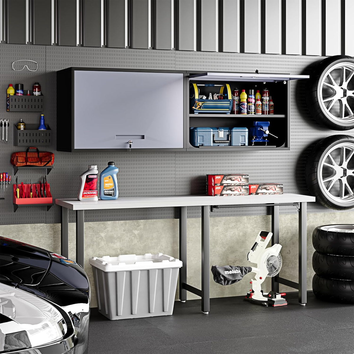 Metal Wall Cabinet for Garage Floating Garage Storage Wall Mount Shop Cabinet Upper Storage Trailer Gearbox Tool Small Wall Steel Adjustable Shelf Assembly Required