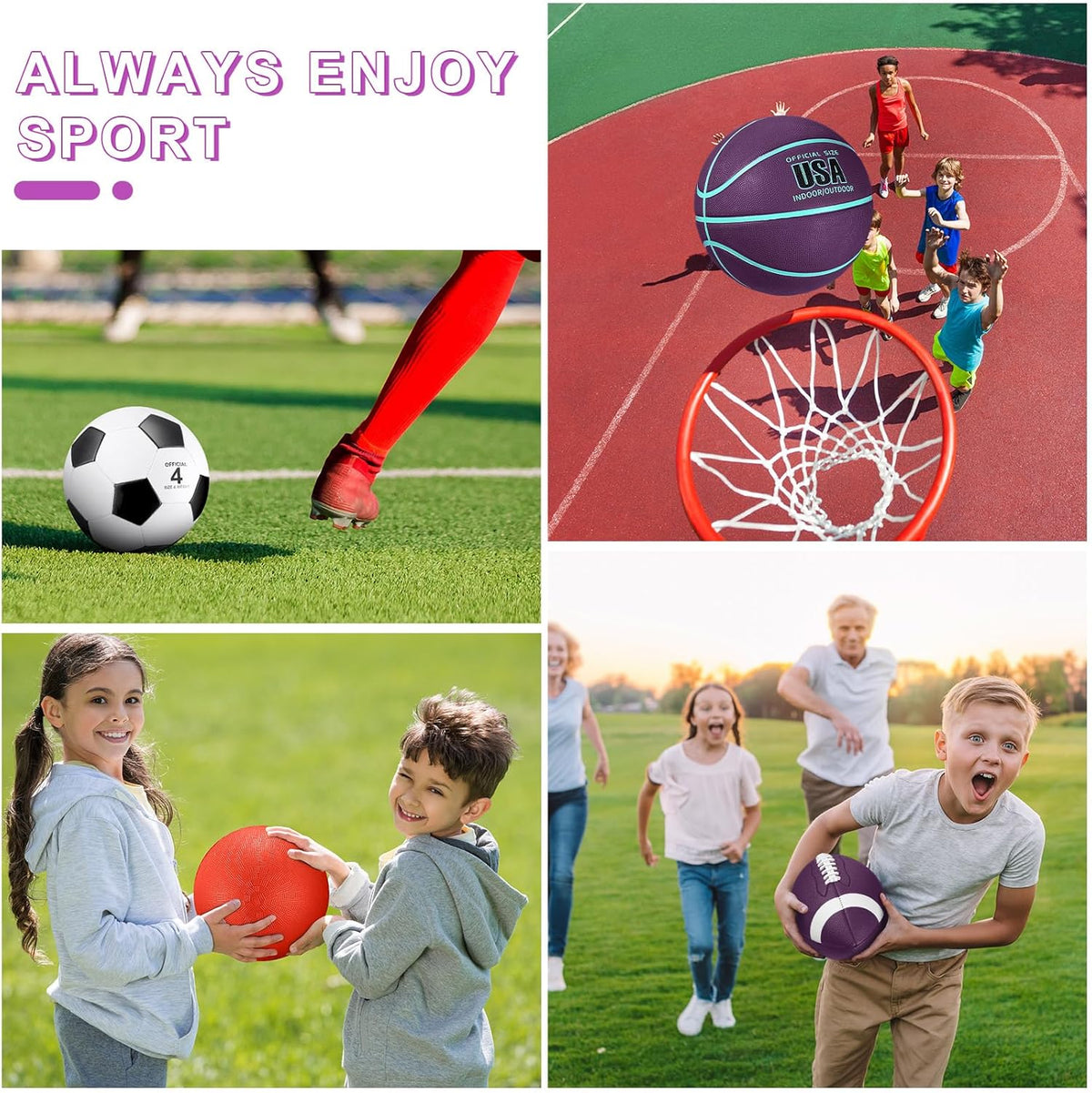 Deekin 4 Pcs Sport Balls Set for Kids Teens, Include Official Size 5 Basketball 4 Soccer 6 Football Playground Ball and Pump Sports Equipment Bag Recess Equipment Sport for Students(Purple, Teal)