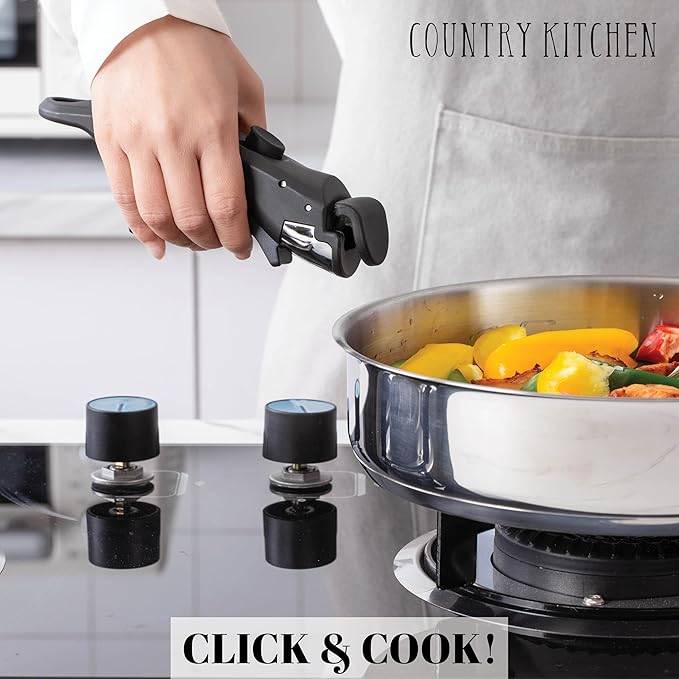 Country Kitchen Cookware Set with Removable Handle, Oven & RV Safe Pots and Pans Set, Stainless Steel, Original