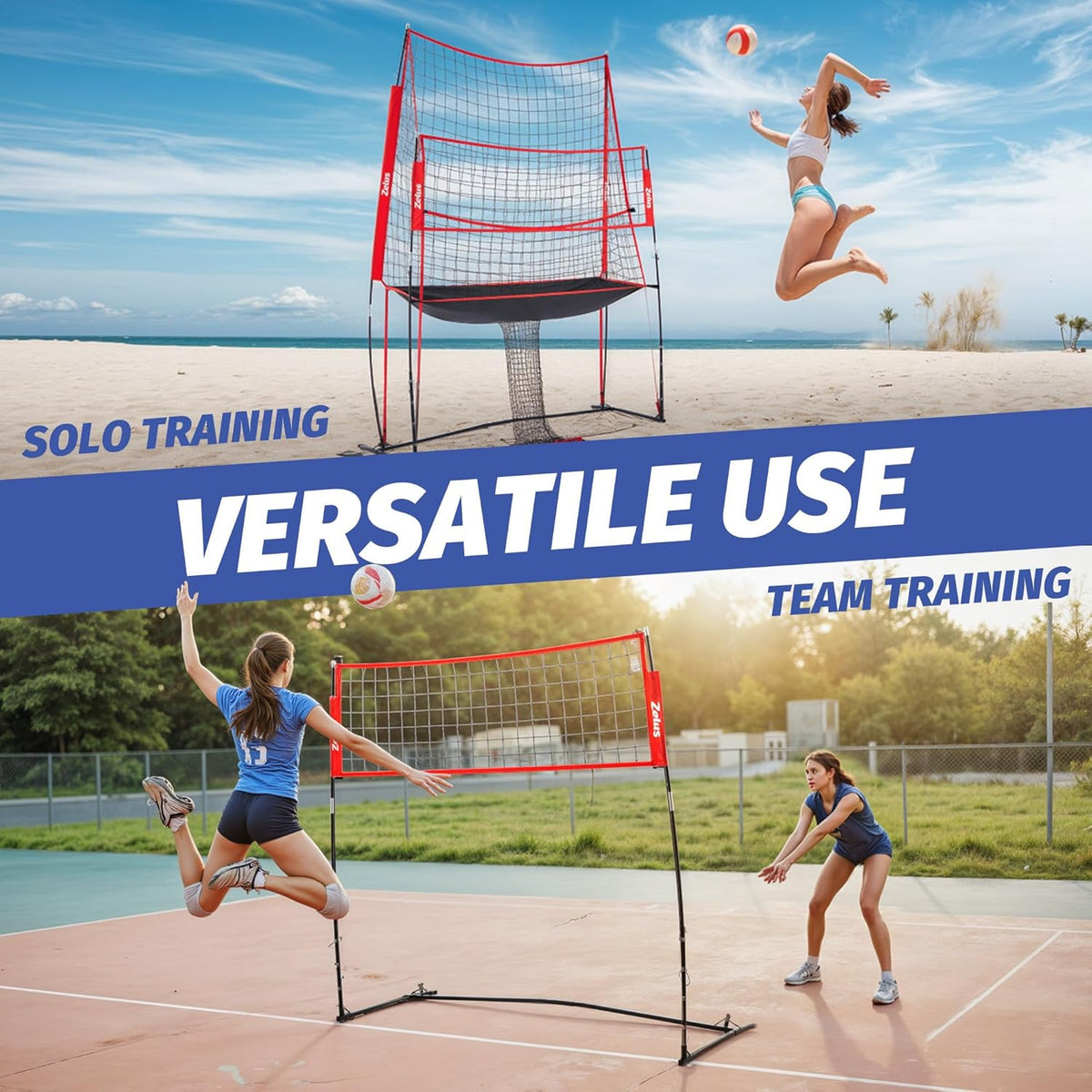ZELUS Volleyball Training Equipment, 11x8 ft Volleyball Practice Net Station with Adjustable Height & Ball Return