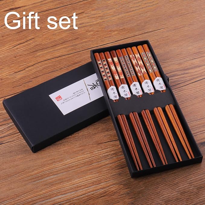 GLAMFIELDS Reusable Chopsticks Japanese Natural Wooden 5 Pairs Classic Style Lightweight Safe Chop Sticks 8.8 Inch/22.5cm Gift Set