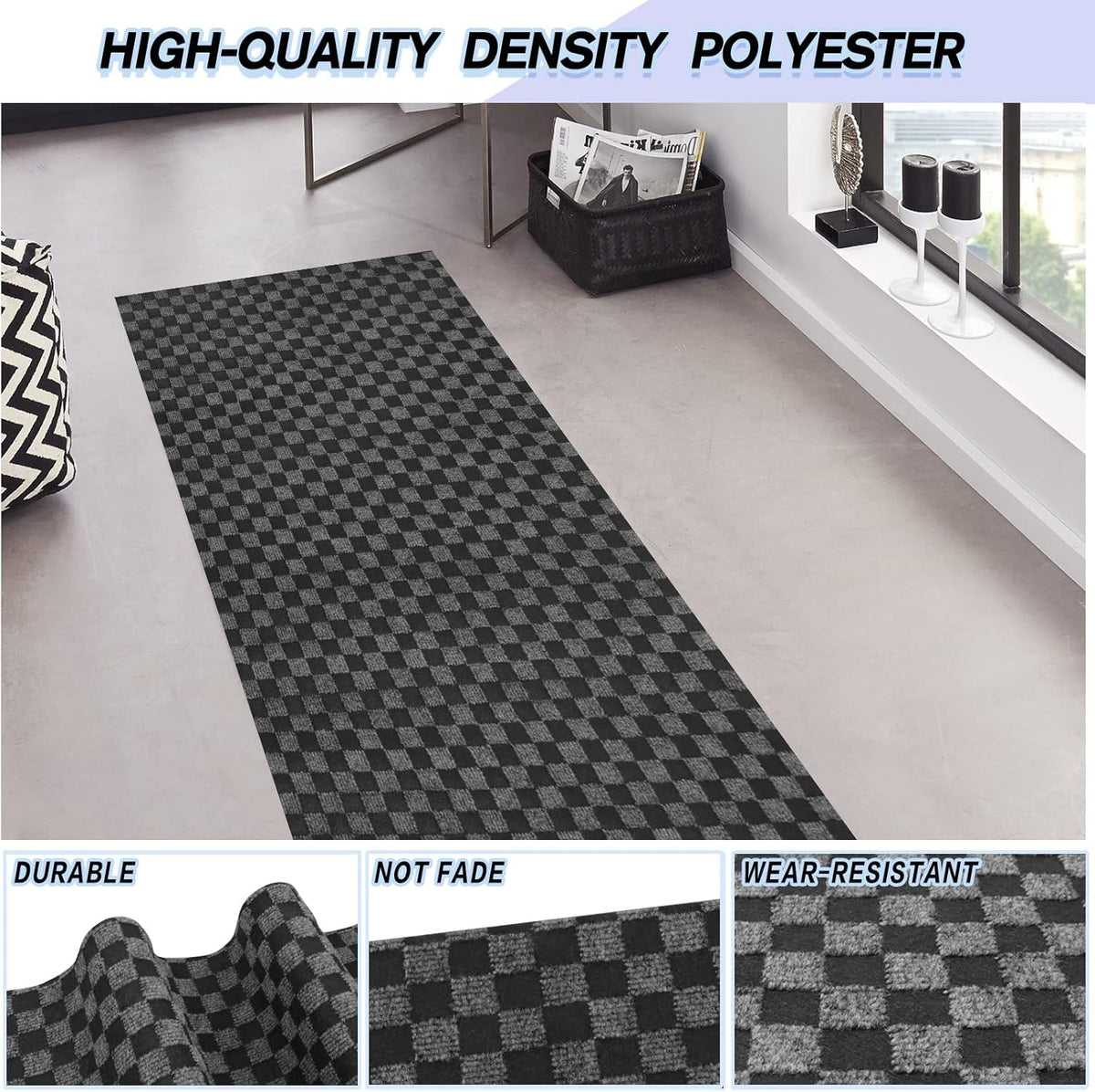 Custom Size Backed Non-Slip Area Rugs Runner, Easy Clean, Waterproof Runner Rugs for Hallway Entryway, Kitchen, Laundry, 2FT x 68FT, Gray Checkered