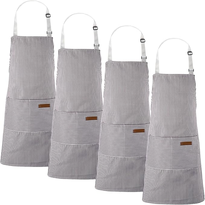 Handepo 4 Pcs Kitchen Aprons with Pockets Adjustable Waterproof Cotton Aprons Striped Apron for Women Men Chef Mother Gift