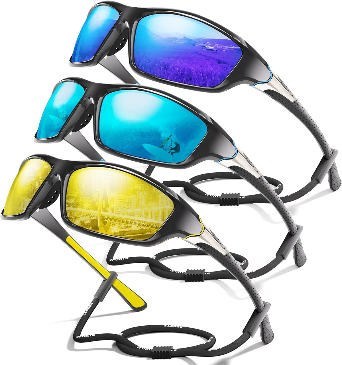 3 Pack Polarized Sports Sunglasses for Men, Mens Sunglasses Wrap Around UV400 Protection for Cycling Fishing Driving