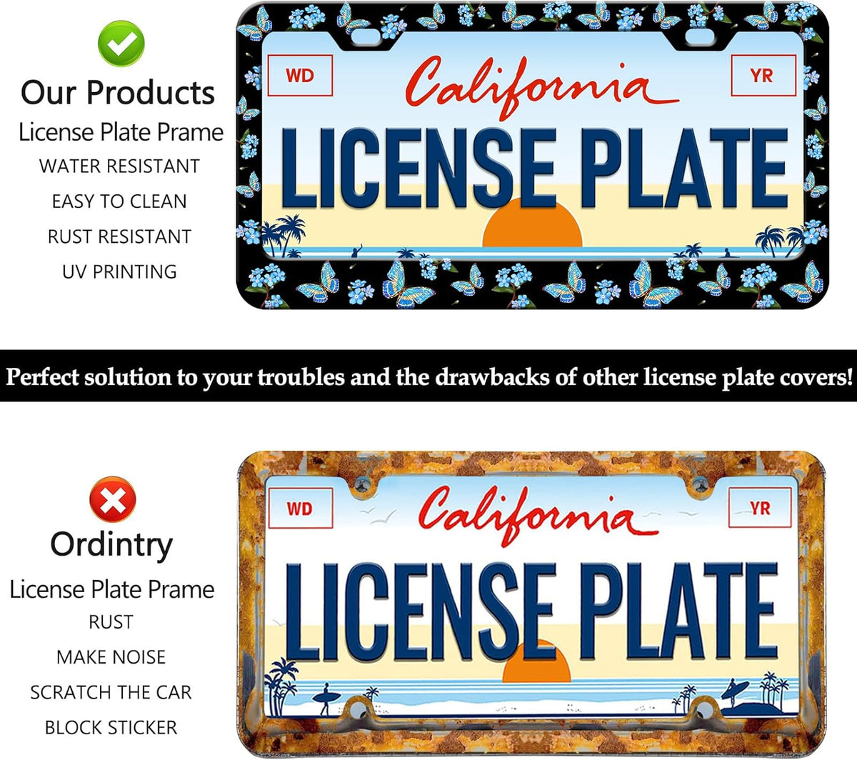 Blue Flower Butterfly License Plate Frames - 2 Pack Beautiful Butterfly Stainless Steel License Plate Holder,Rust-Proof Waterproof Car Decorative Tag Frame with Screws Fasteners Caps