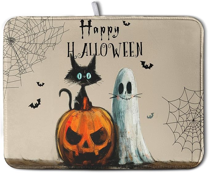 Happy Halloween Dish Drying Mat for Dishs 16x18 Inch Halloween Pumpkin Ghost Black Cat Kitchen Drying Mat Spooky Spiderweb Holiday Dish Drainer Mat Super Absorbent Dish Rack Pad for Coffee Bar Sinks