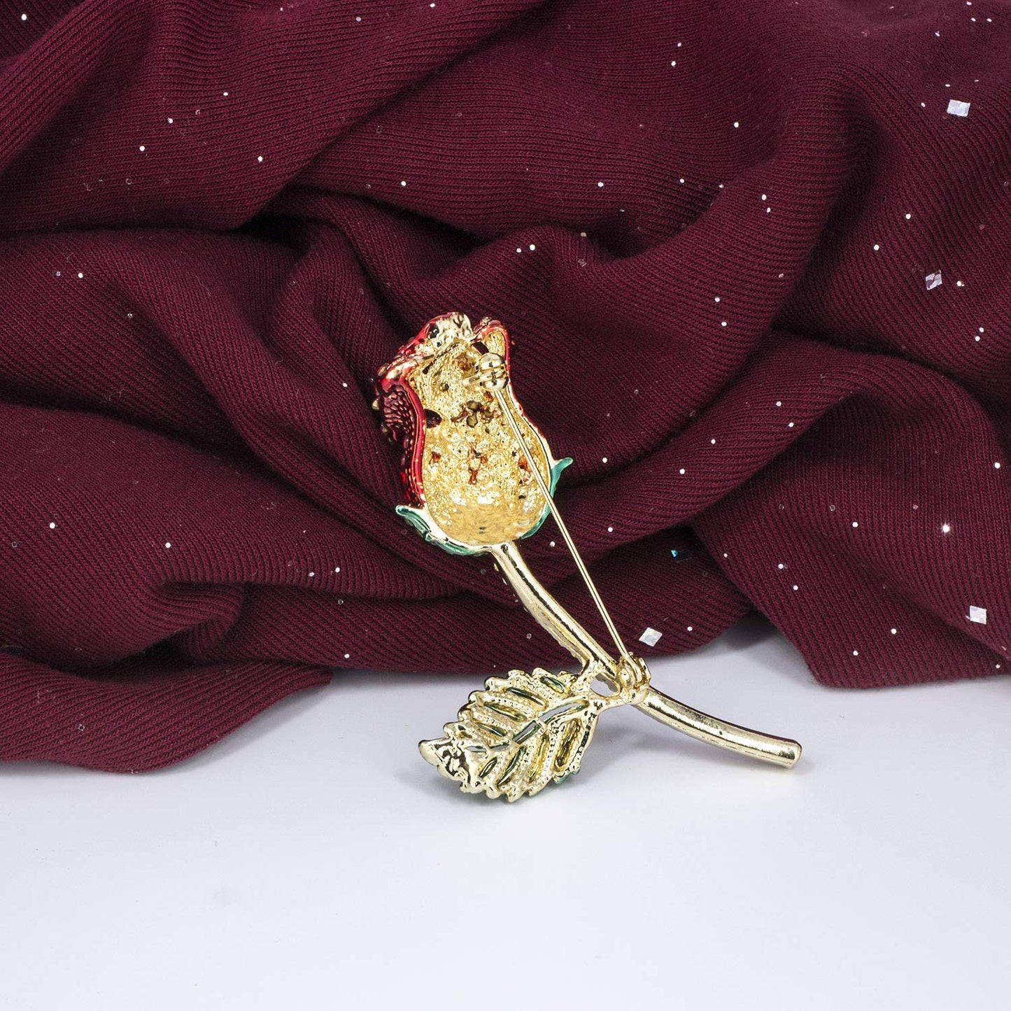 YOQUCOL Elegant Cubic Zirconia Crystal Rhinestone Red Rose Shape Brooch Pin for Women