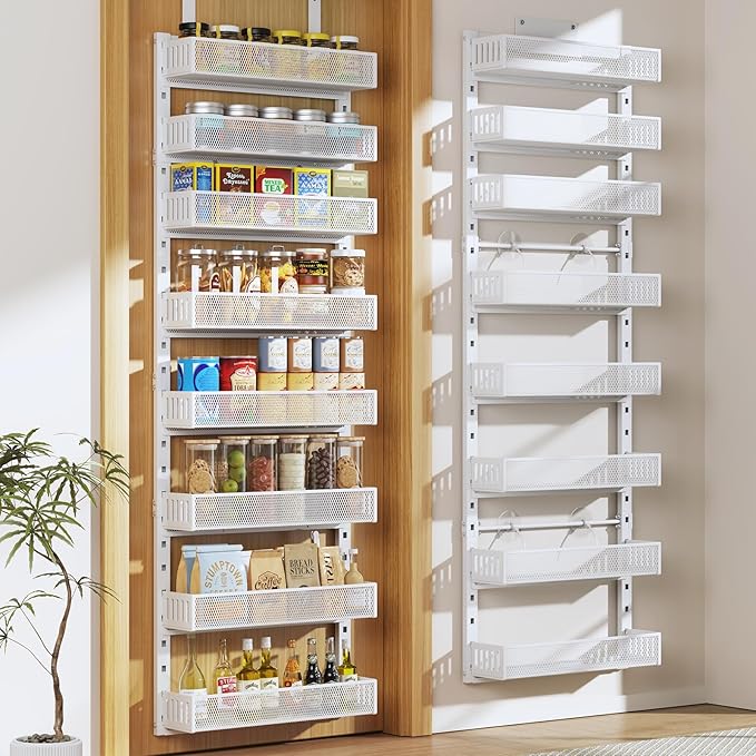 Pantry Door Organizers and Storage, 8-Tier Large Metal Heavy-Duty Frame Over the Door Spice Rack, 2 in 1 Wall-Mounted or Hanging shelf for Kitchen, Bathroom, Laundry Room, Bedroom, Closet &Nursery