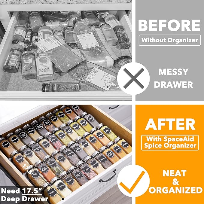 SpaceAid Spice Drawer Organizer with 40 Spice Jars, 386 Spice Labels, 4 Tier Seasoning Rack Tray Insert for Kitchen Drawers, 18.5" Wide x 17.5" Deep