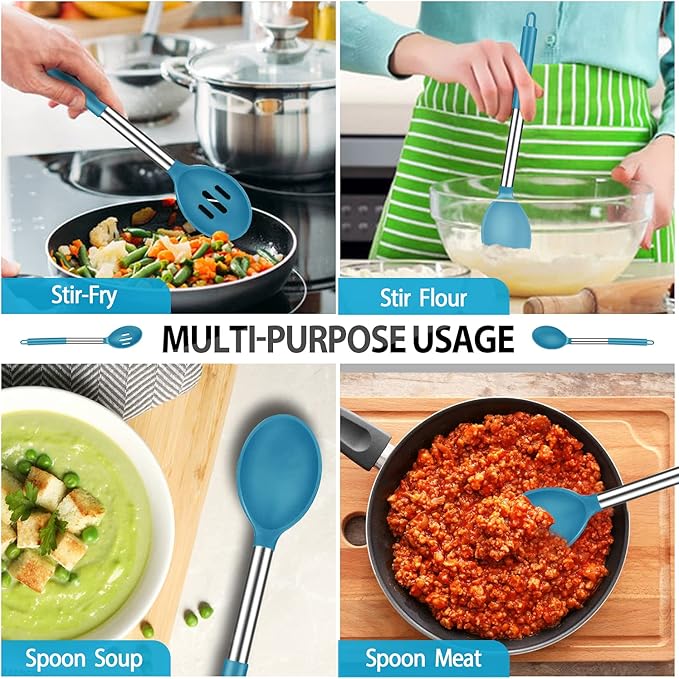 Pack of 4 Large Silicone Cooking Spatulas and Spoons, Slotted and Solid Stainless Steel Cooking Utensils Set, Non-stick Heat Resistant Kitchen for Baking, Fried, Stir-Fry, Mixing, Serving (Blue)