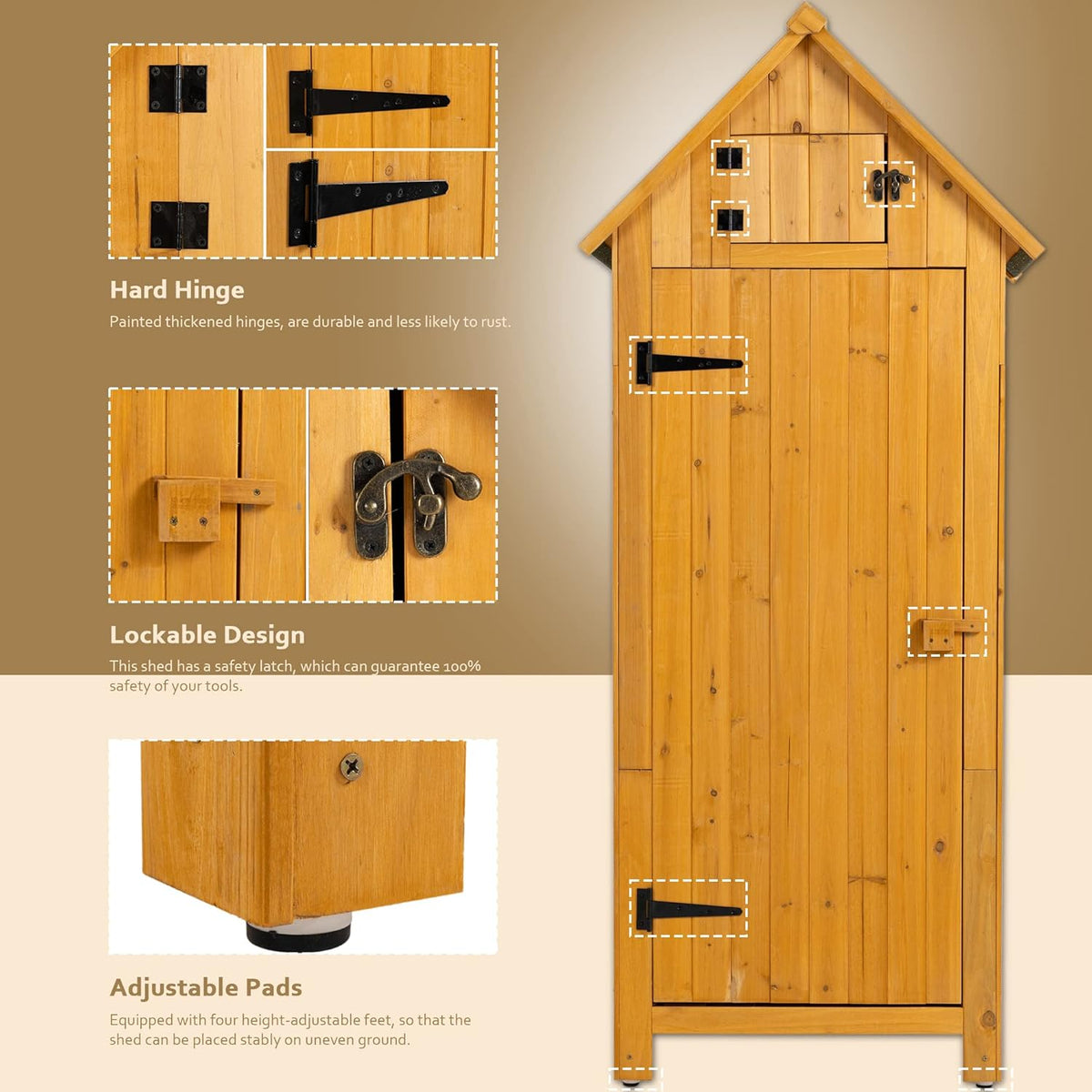 30.3" L X 21.3" W X 70.5" H Outdoor Storage Shed with Waterproof Roof, Solid Fir Wood Frame, and 3 Compartments for Garden Tools, Mower, and Hose,Natural Wood