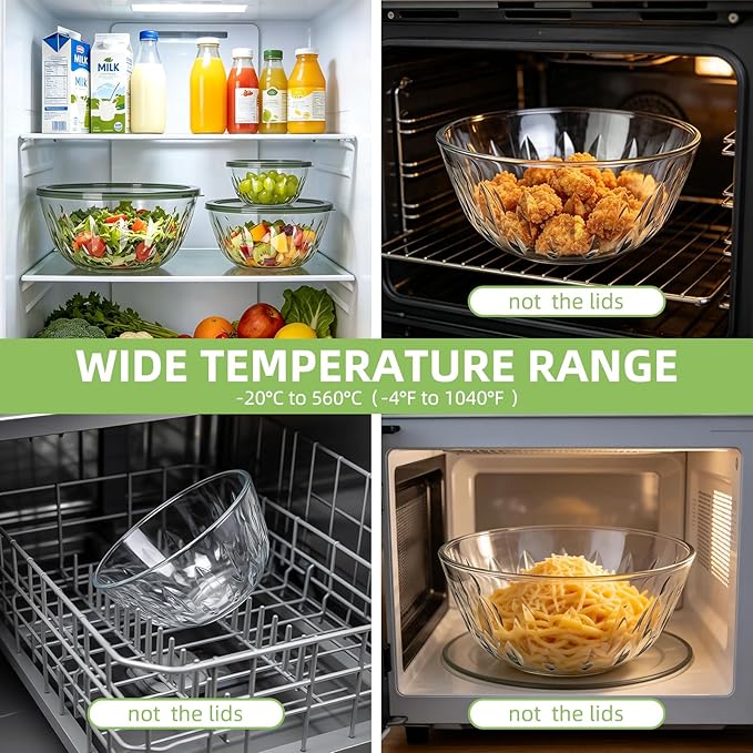 Luvan 5-Pack Glass Mixing Bowls with Lids Set - Leaf Pattern Clear Serving Bowls with Dark Green Translucent Lids, Nesting Borosilicate Salad Bowl, Dishwasher & Microwave Safe