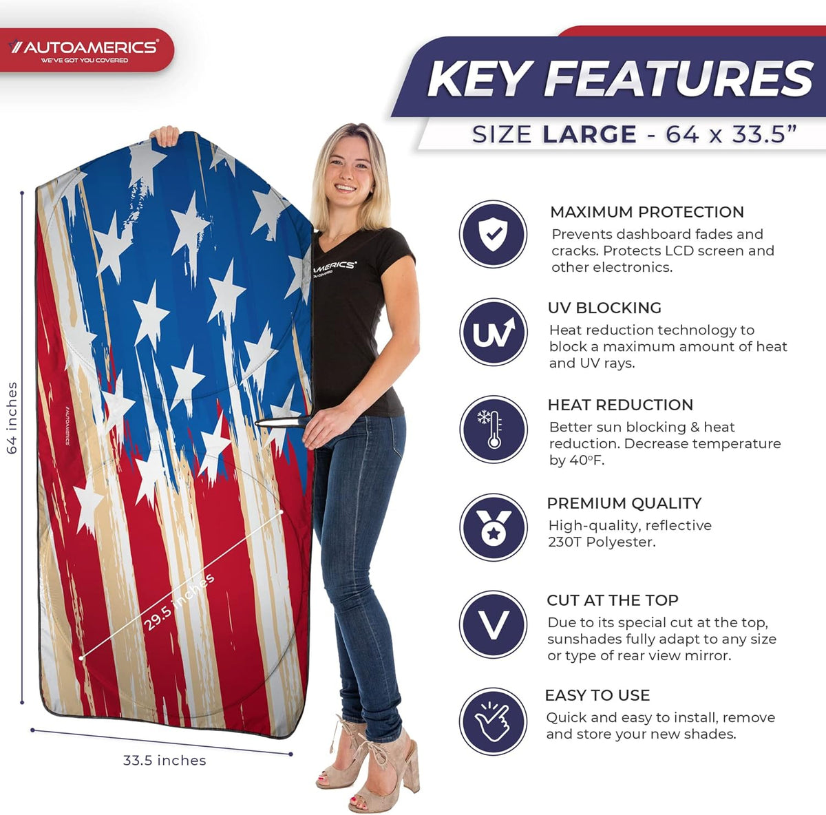 Autoamerics 1-Piece Windshield Sun Shade USA Art Flag - 1 American Design - Foldable Car Front Window Sunshade for Most Sedans SUV Truck - Blocks Max UV Rays and Keeps Your Vehicle Cool - Large