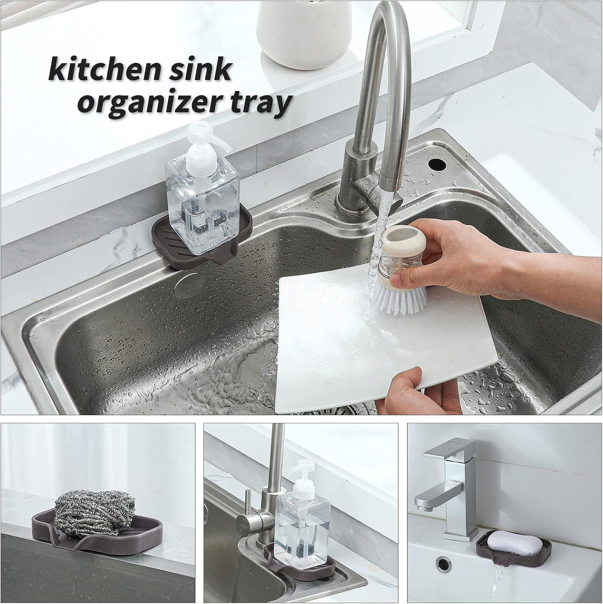 Silicone Bathroom Soap Dishes with Drain Spout-Bathroom and Kitchen Sink Organizer,Sponge Holder,Dish Soap Tray,Perfect for Dispenser,Scrubber,Bottle,Cup on Sink or Counter-Coffee 4.9"×3.2"