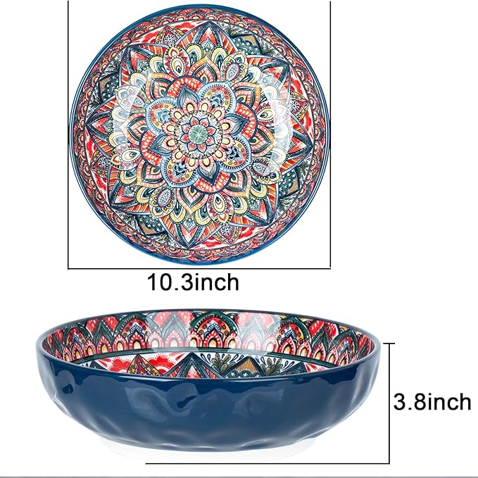 75 Oz Serving Bowls,Bohemian Style Large Porcelain Dishes for Entertaining Parties,Big Bowls for Eating Soup, Salad, Pasta, Fruit, Chips, 10.3 Inch Diameter (blue.green)
