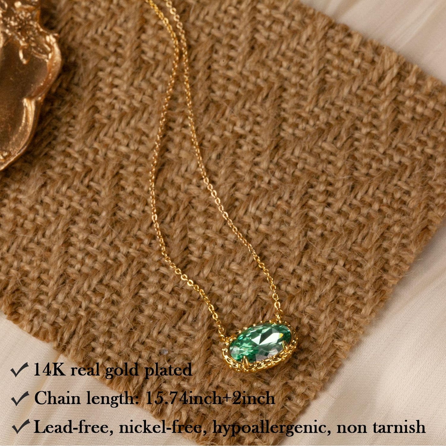 TLY Gold Necklace for Women 14k Gold Plated Dainty Gemstone Pendant Necklace Red Rose Quartz Black Emerald Green Blue Prom Choker Necklace Birthday Wedding Bridesmaid Necklace Mothers Day Jewelry gifts