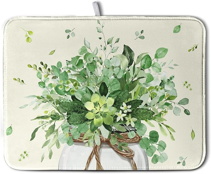 Spring Sage Green Leaves Dish Drying Mat for Kitchen Counter Eucalyptus Leaf Floral Mason Jar Dishes Drainer Mats Absorbent Microfiber Dish Draining Mat Washable Large Dish Pad 18x24 Inch
