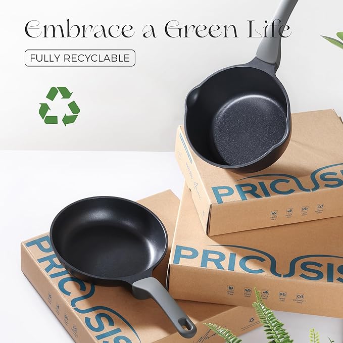 PRICUSIS Ceramic Nonstick Saucepan with Lid, 1.3 Quart Non Toxic Pot with Pour Spouts, Full Coated, 100% Dishwasher Safe, Induction Compatible & Oven Safe, PFOS & PFOA Free, Black Sesame